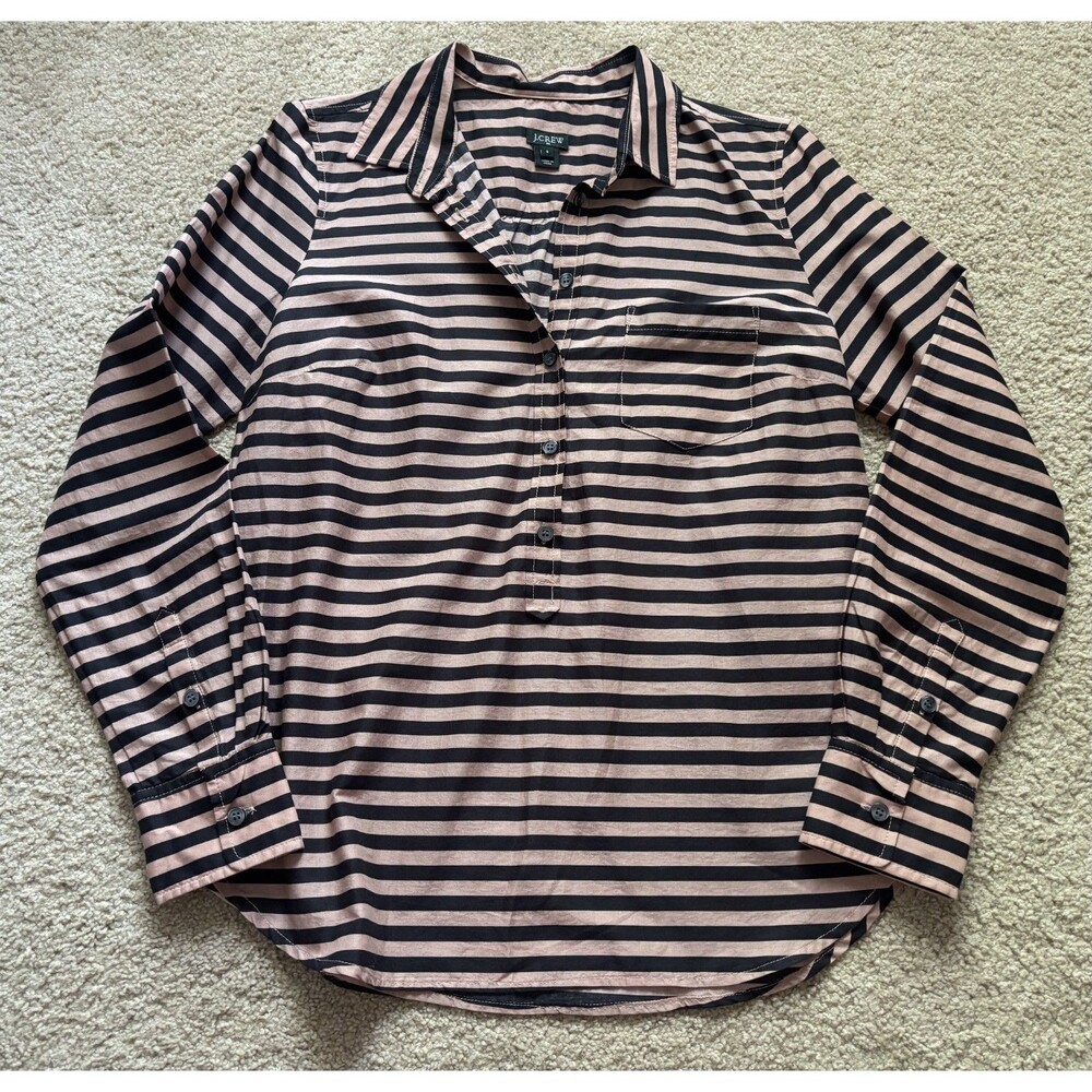 J.Crew Mauve Rose Black Stripe Popover Shirt Cotton Casual - Small